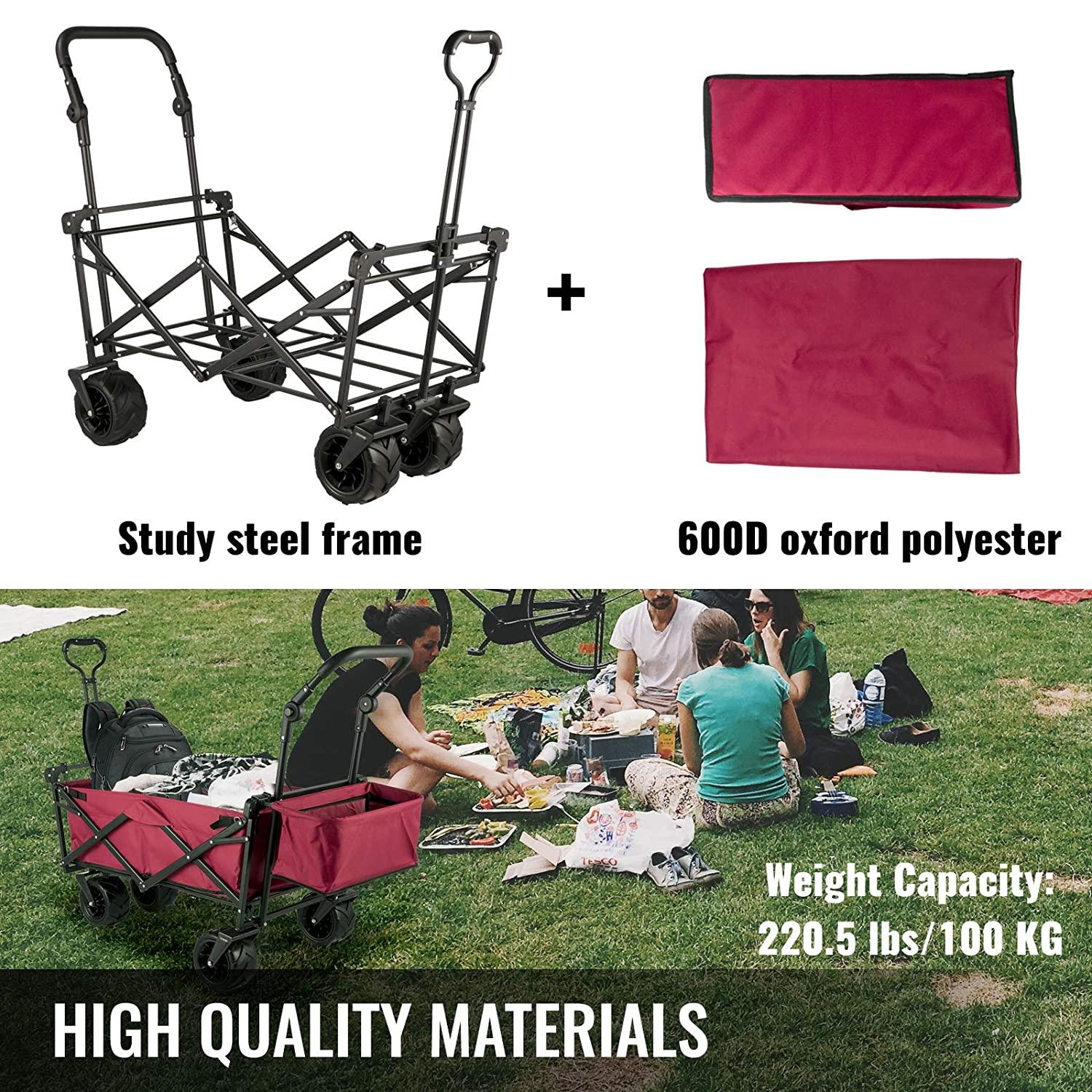 Foldable Handcart 92.7 x 54.3 x 98.5 cm, Foldable Handcart 100 kg, Red Handcart Roof Pneumatic Tires 600D Oxford Polyester, Foldable Handcart with 2 Velcro Straps, for Outdoor Activities - Sterilamo